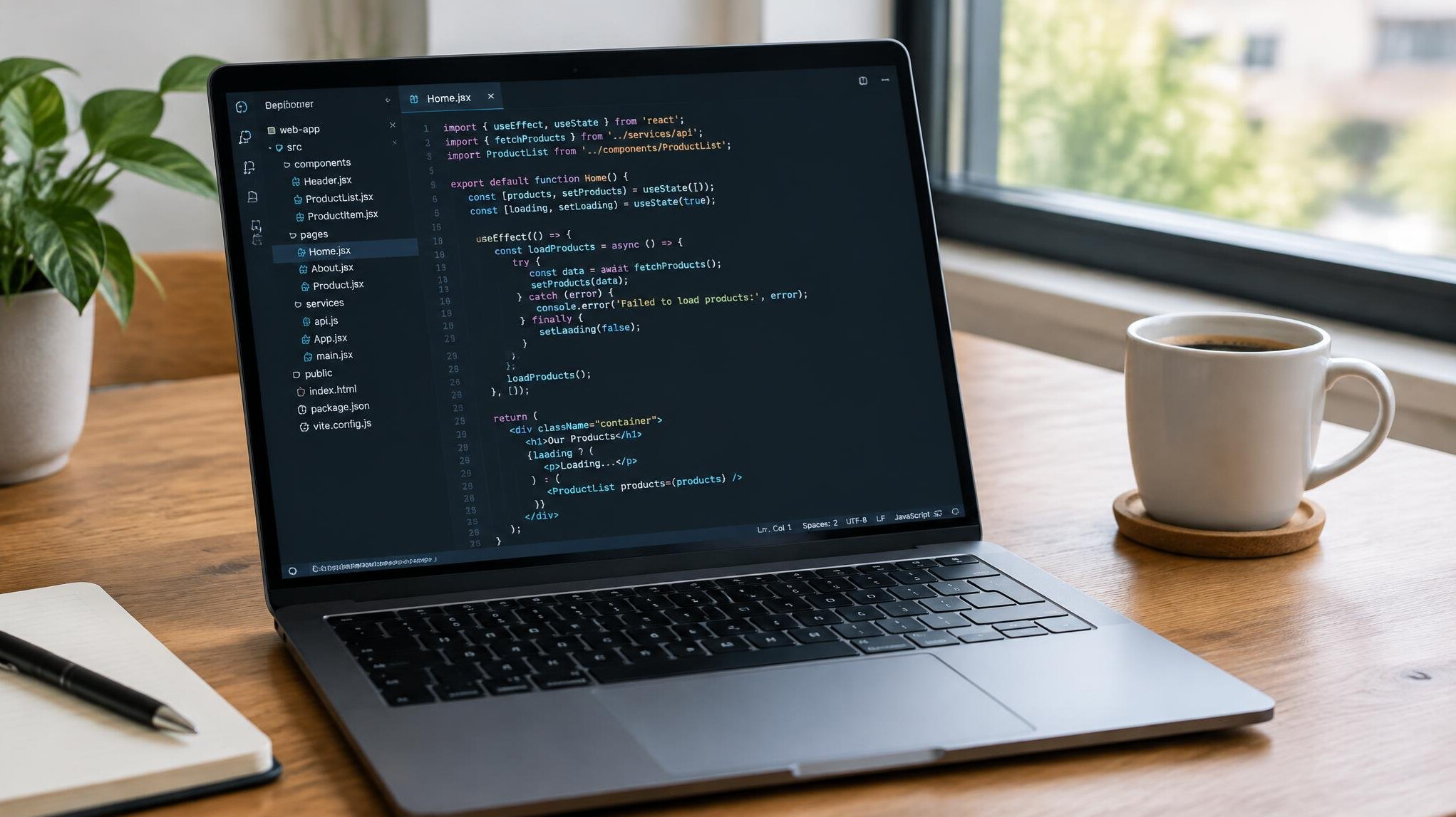 Laptop with code editor open on a wooden desk
