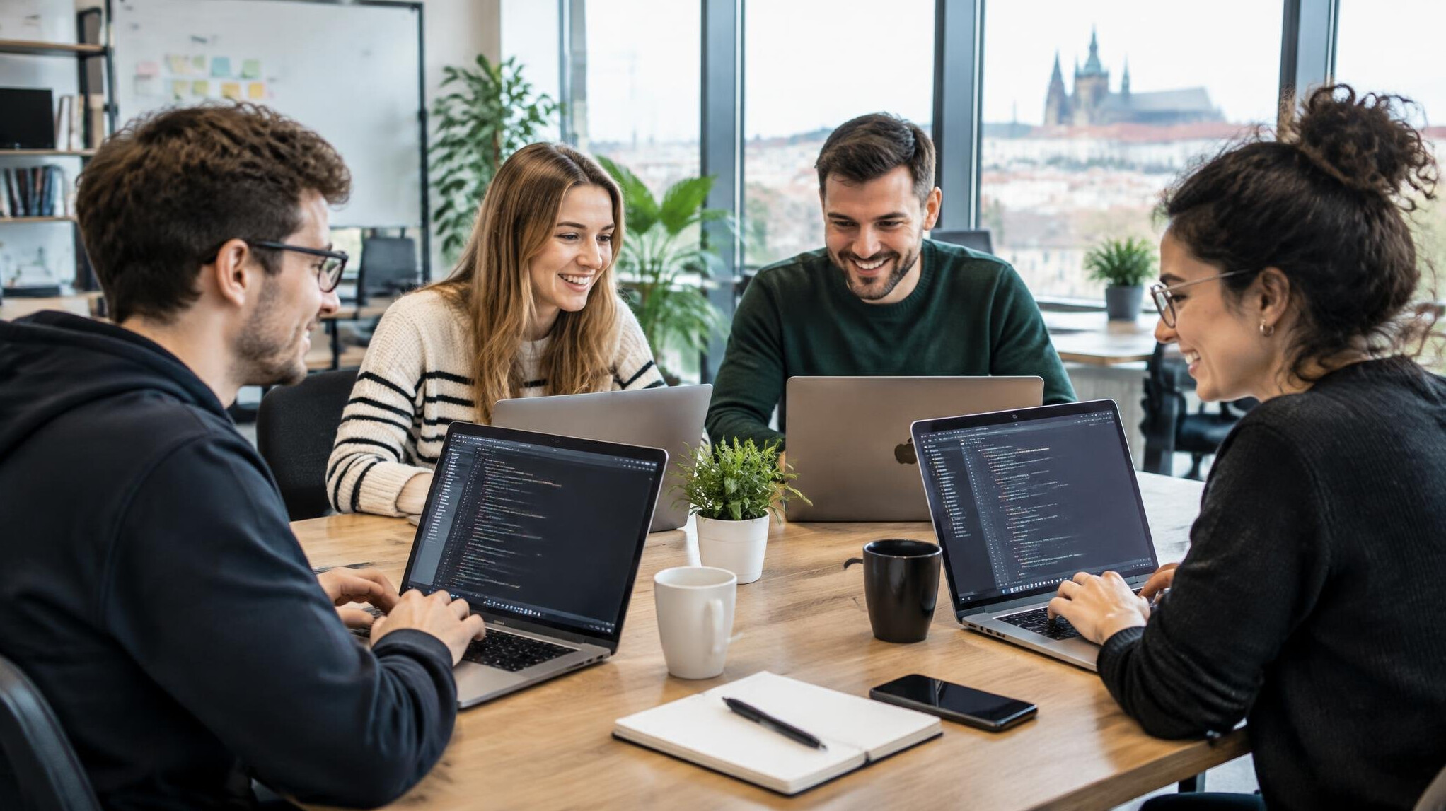 Team of software developers working together on laptops in a bright office